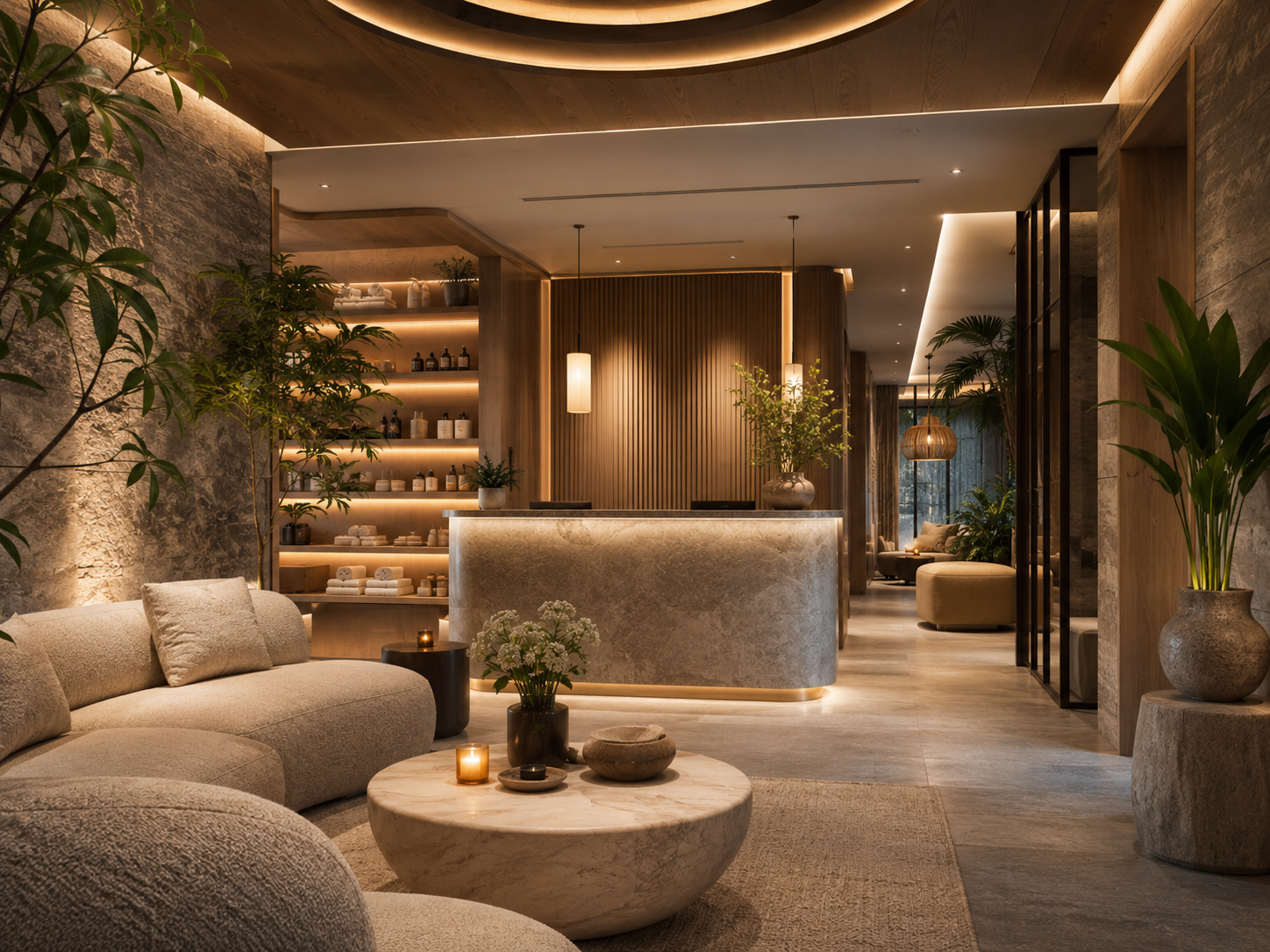 Modern luxury spa reception lounge with warm lighting and plants