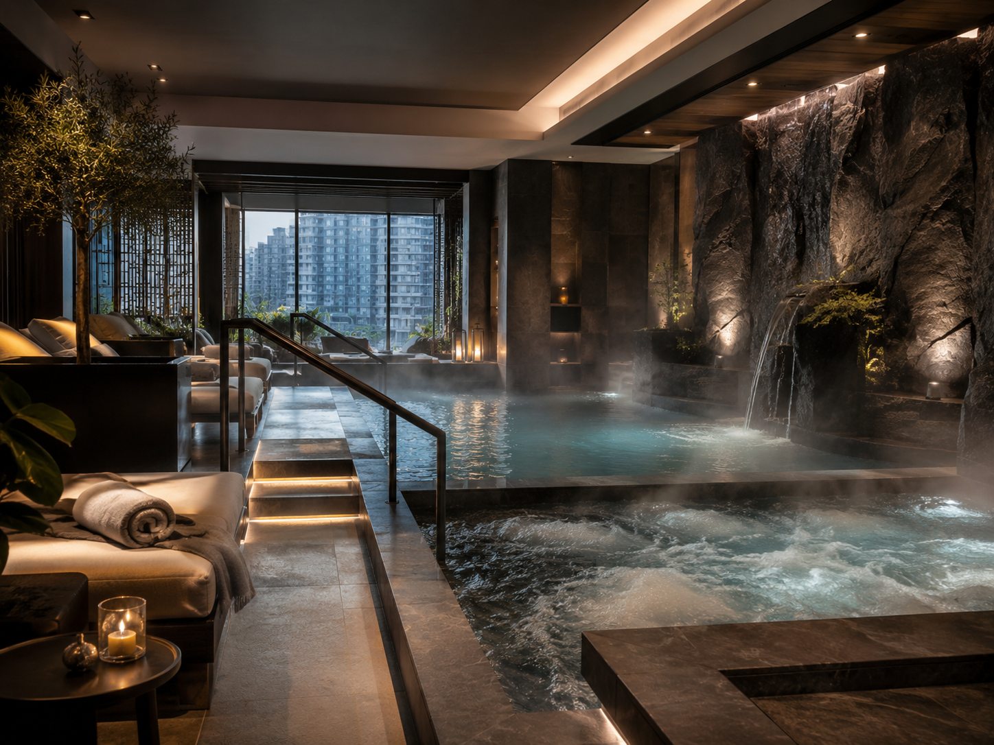 Luxury hydrotherapy spa with warm pools and city view