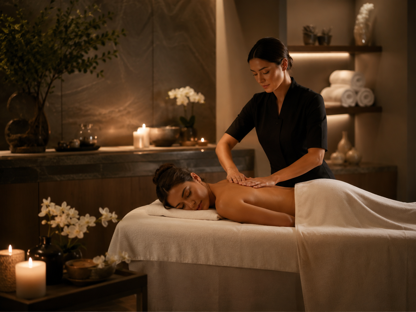 Massage therapist performing relaxing treatment in luxury spa room