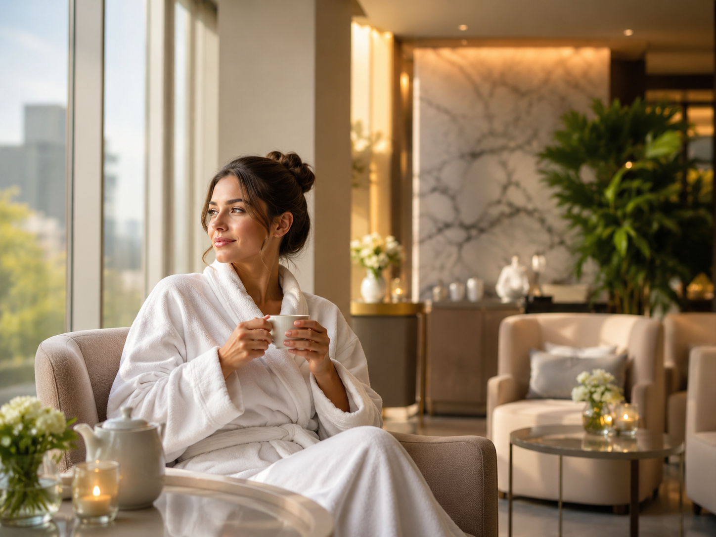 Luxury spa guest relaxing in robe with tea in a bright lounge